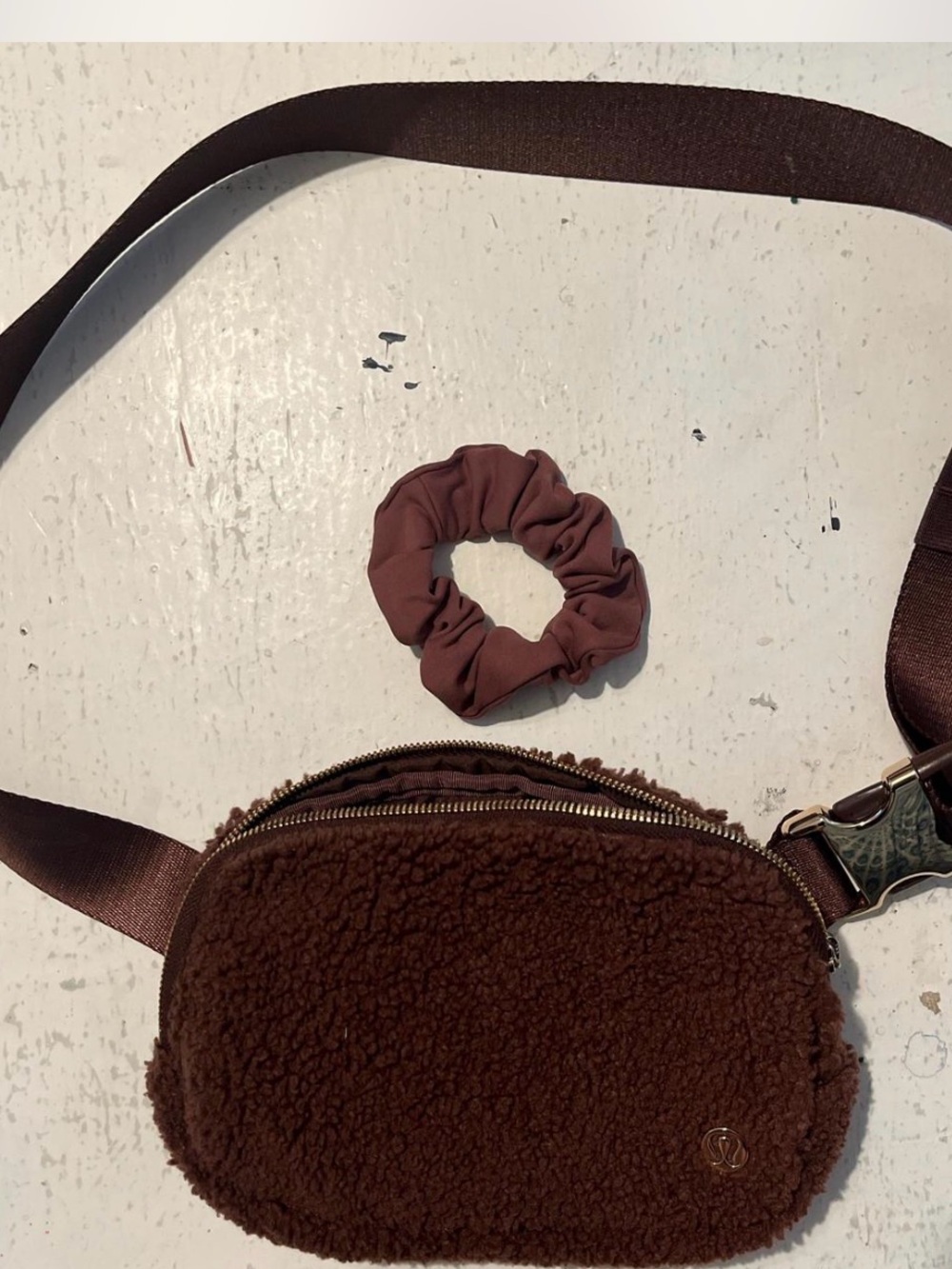 Lululemon Brown Sherpa Crossbody Bag with Matching Scrunchie